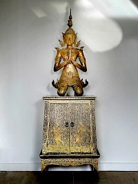 Rattanakosin temple guard/ buddha with Thai manuscript cabinet