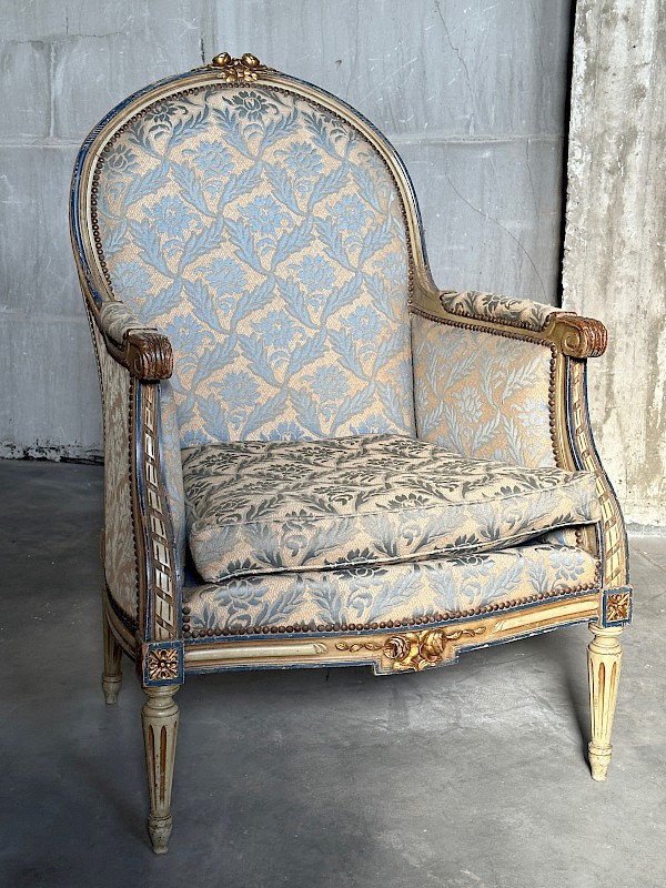 Louis XVI bergere blue-gold patine & upholstery