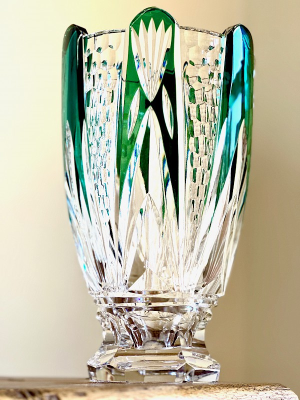 Val Saint Lambert, a large green cut crystal vase