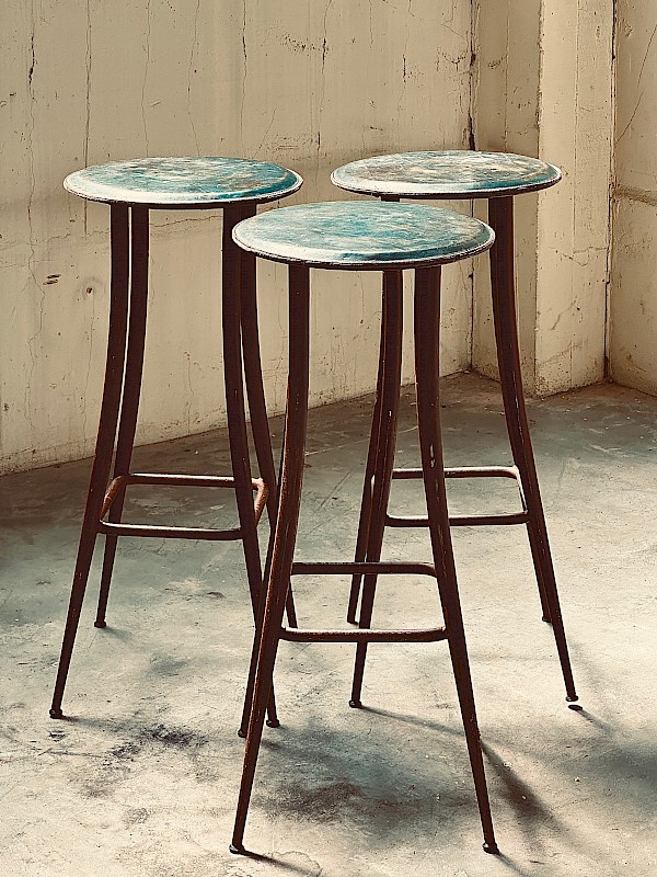 50s iron bar stools with leather patinated seating