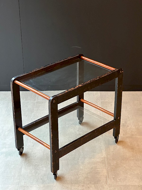 Vintage Walnut Serving Cart with Glass Shelves