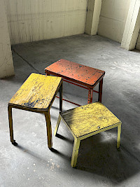 Set of Three Patinated Industrial Workshop Stools