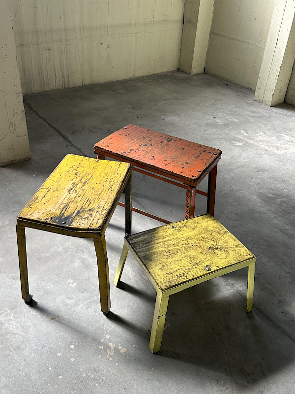 Set of Three Patinated Industrial Workshop Stools